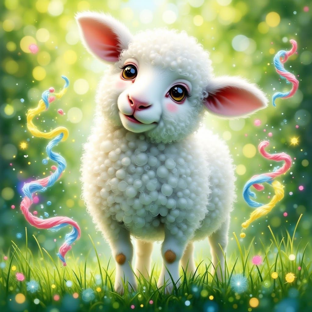 Surreal Landscape of Dolly the Sheep in a Whimsical Meadow
