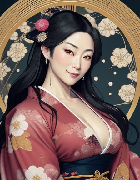 Elegant Japanese Patroness in Art Nouveau Kimono