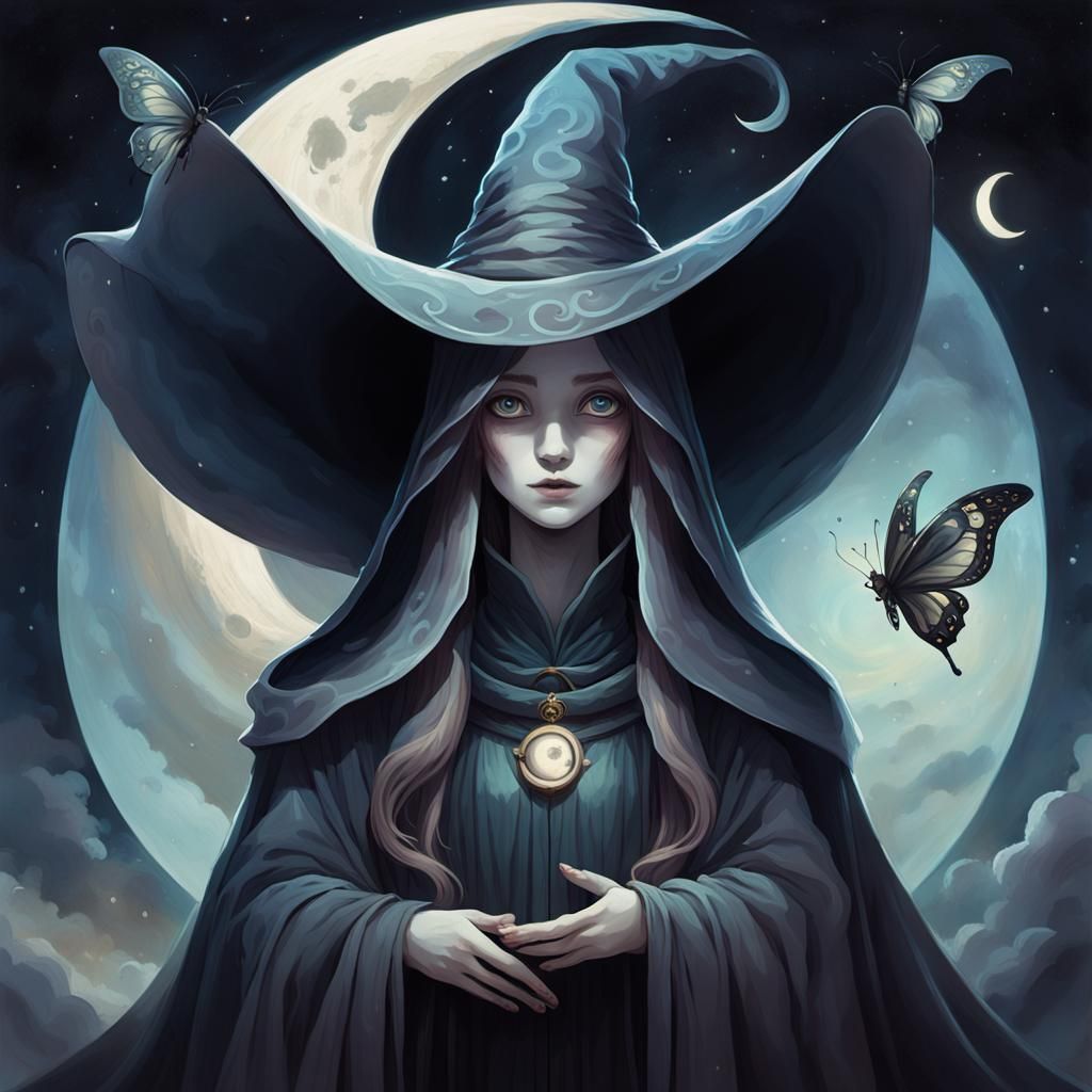 Ethereal Witch Figure with Crescent Moon