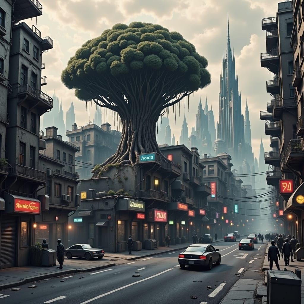 Dystopian Cityscape with Ancient Tree in Unreal Engine 5 Sty...