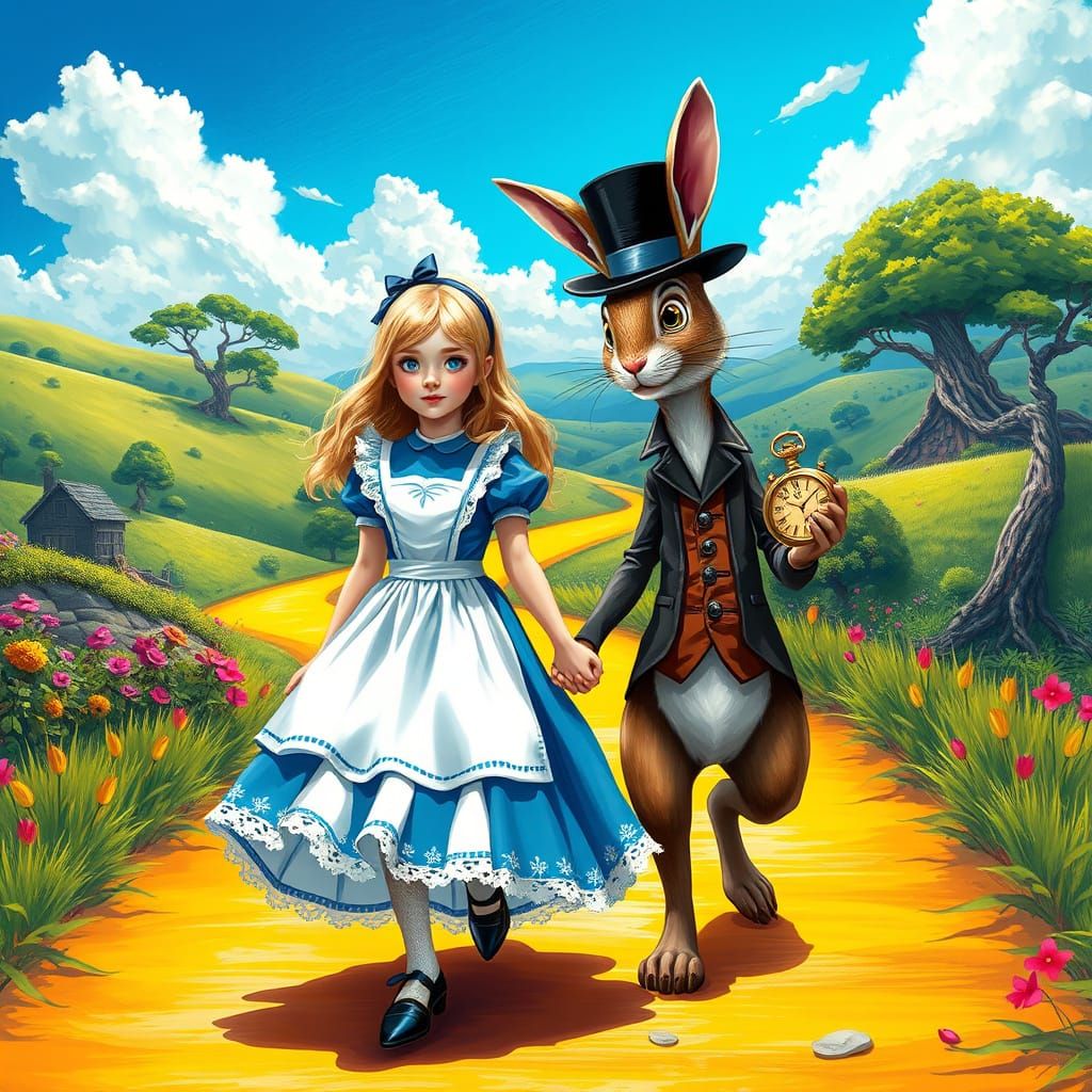 Whimsical Summer Scene with Alice and the White Rabbit in a ...
