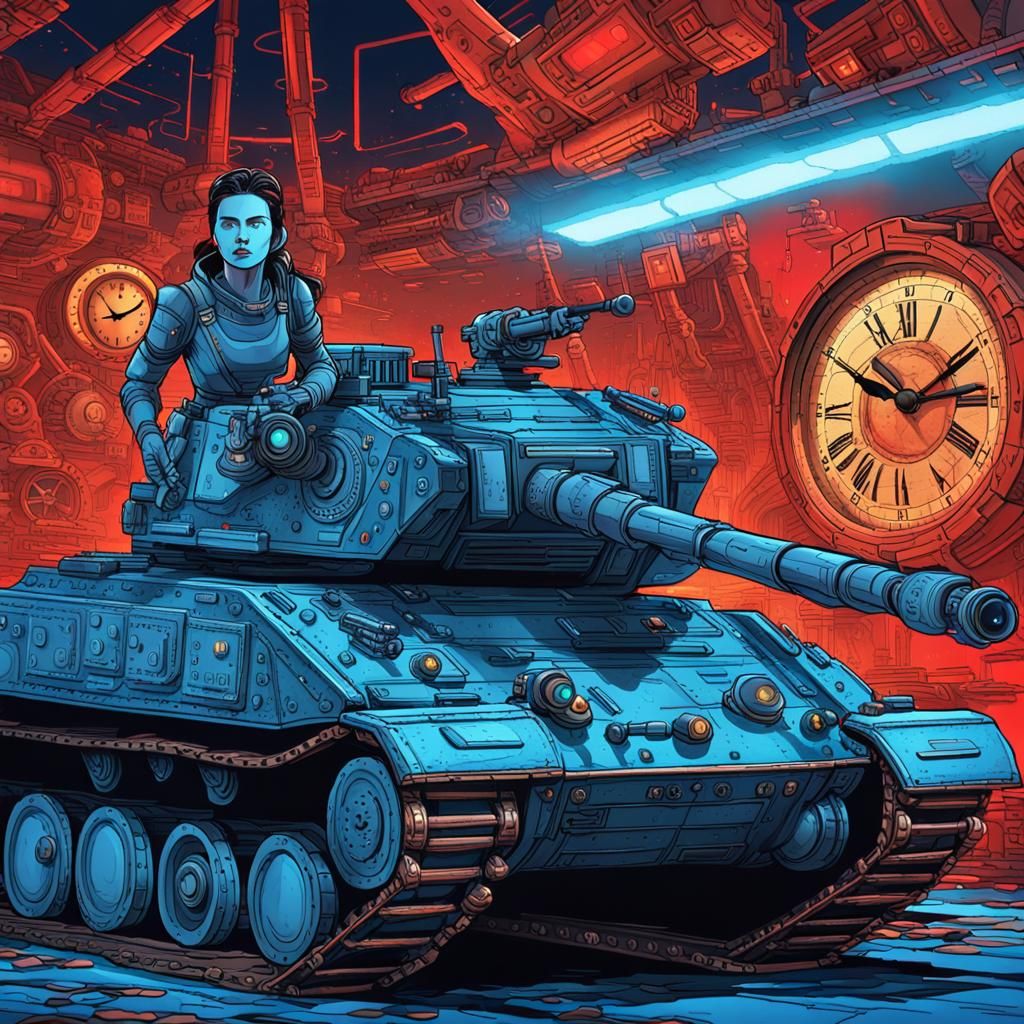 Female Warrior in Time-Traveling Battle Tank: Sci-Fi Art