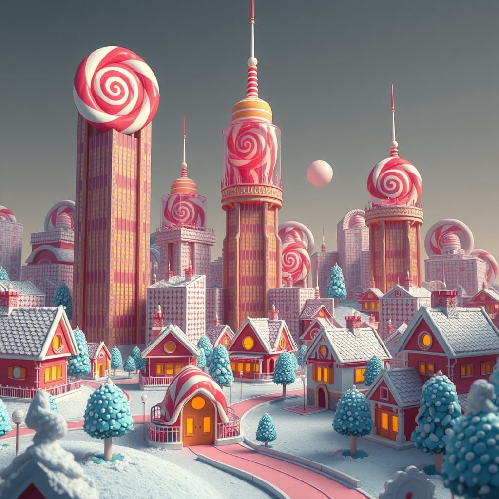Hyperrealistic Candy City with Abstract Expressionist Elemen...