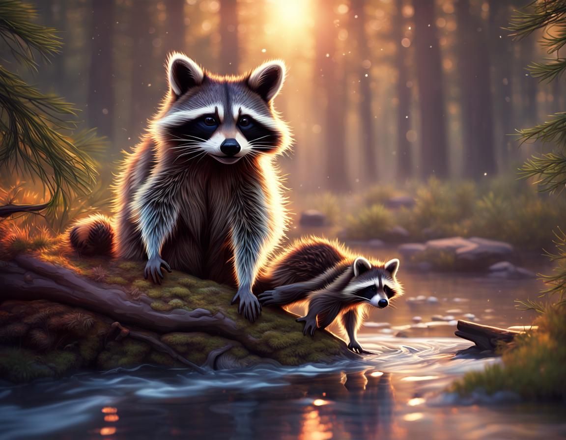 Raccoon Family Playing in Stream: Hyperrealistic 4K Render