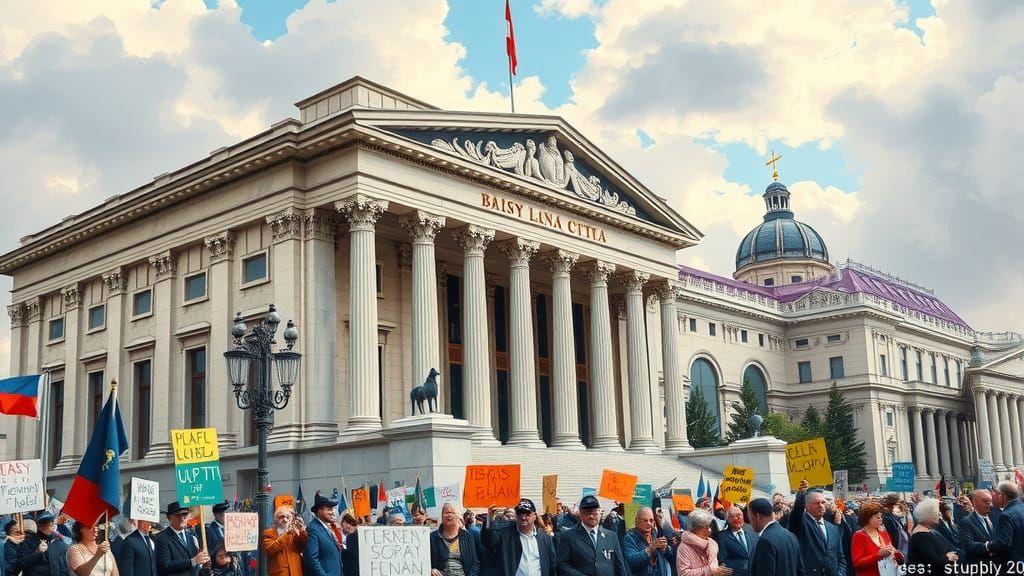 Government Building Amidst Urban Protest in Vibrant Pop Art ...
