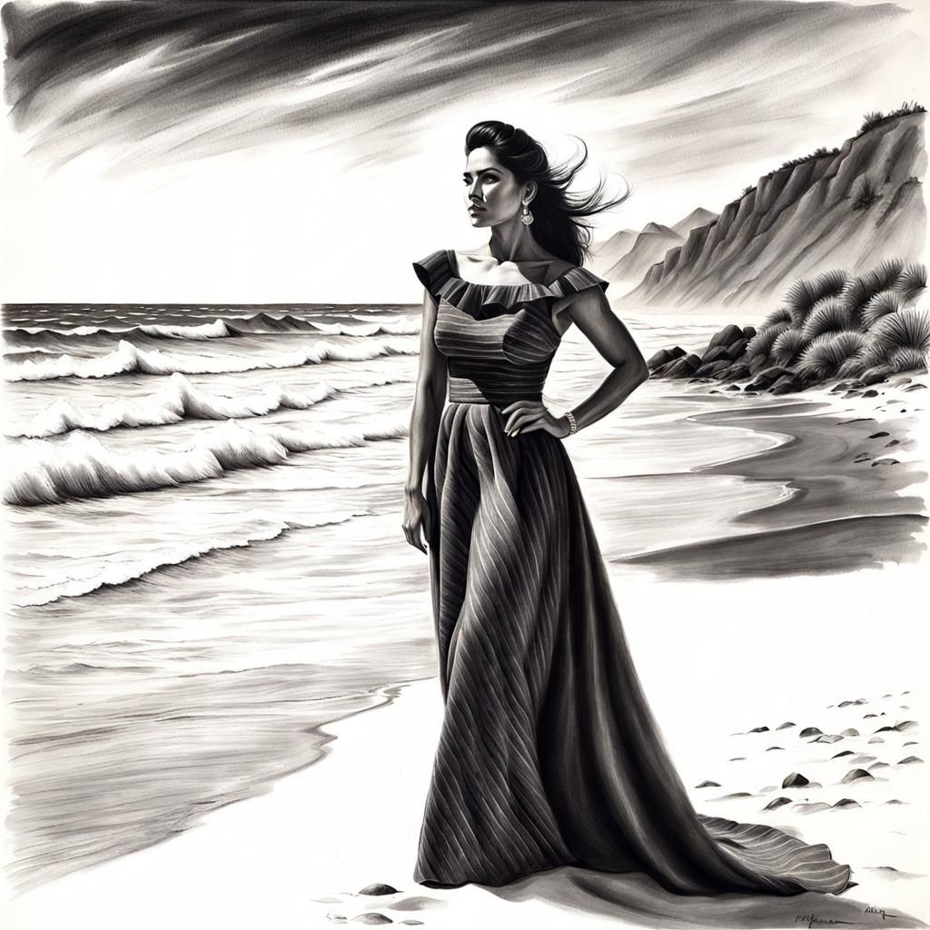 Mexican Woman Portrait on Beach in Charcoal