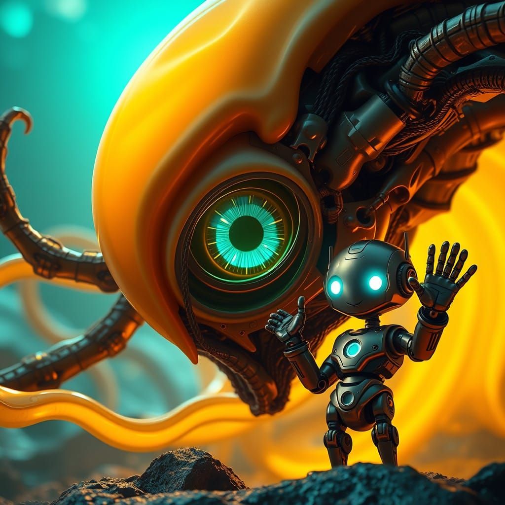 Cyberpunk Dream Eye Encounters Alien Entity in Radiant Scene
