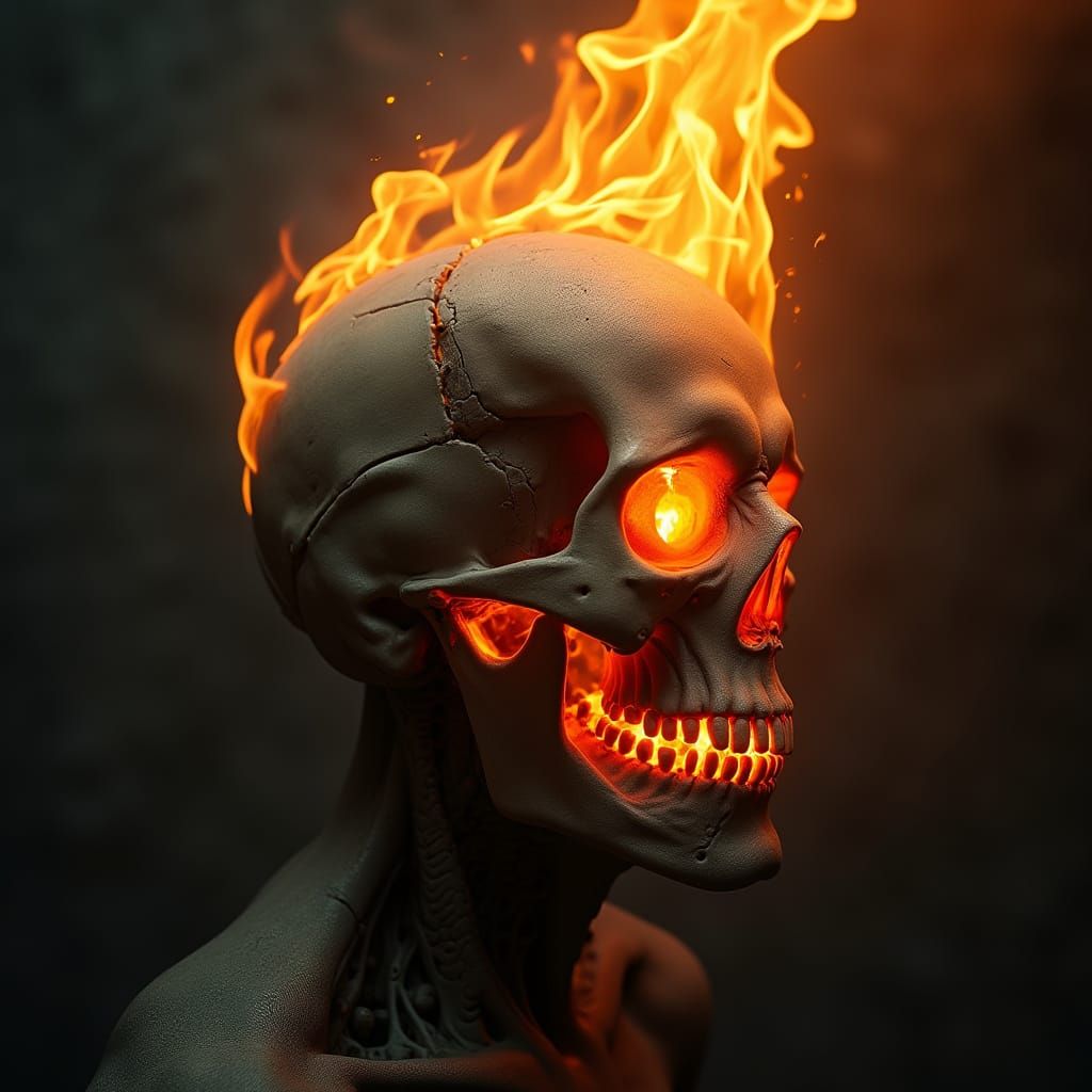 Flaming Skull Head in Haunting Biomechanical Style