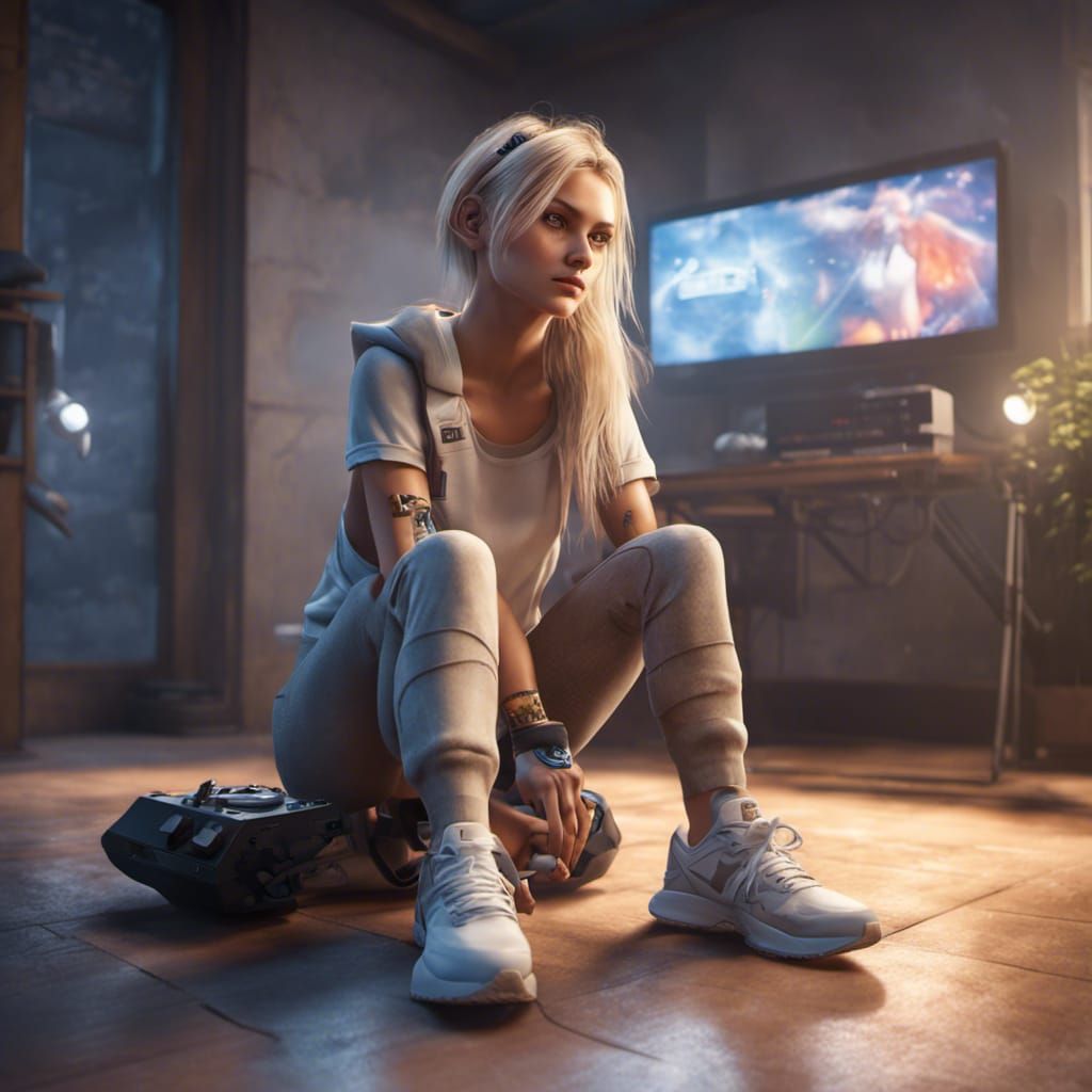 Blonde Girl Playing Console Games in 3D Style