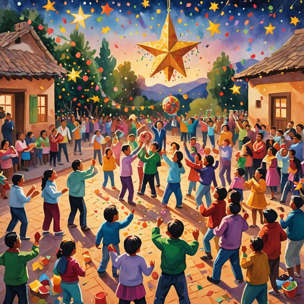 Vibrant Mexican Christmas Celebration in Impressionist Style