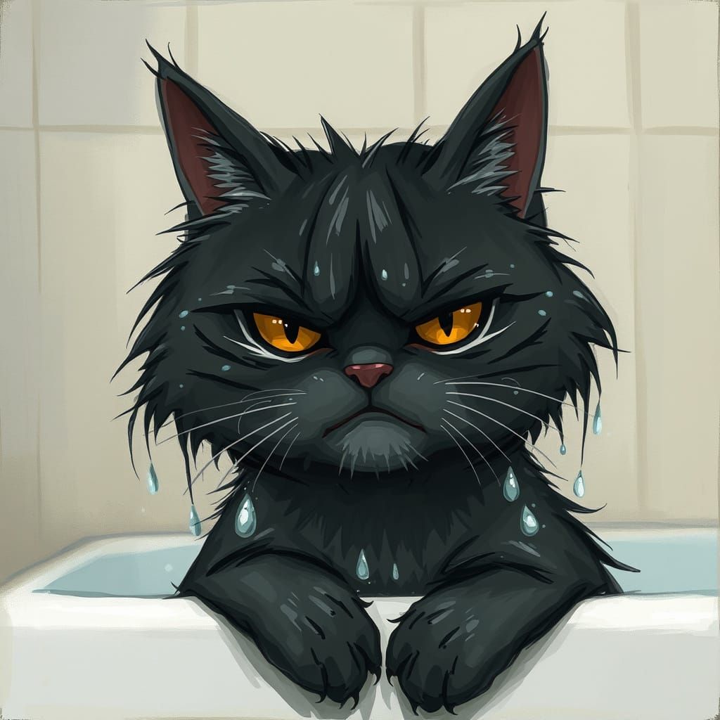 Drenched Grey Cat Scowling in Bathtub