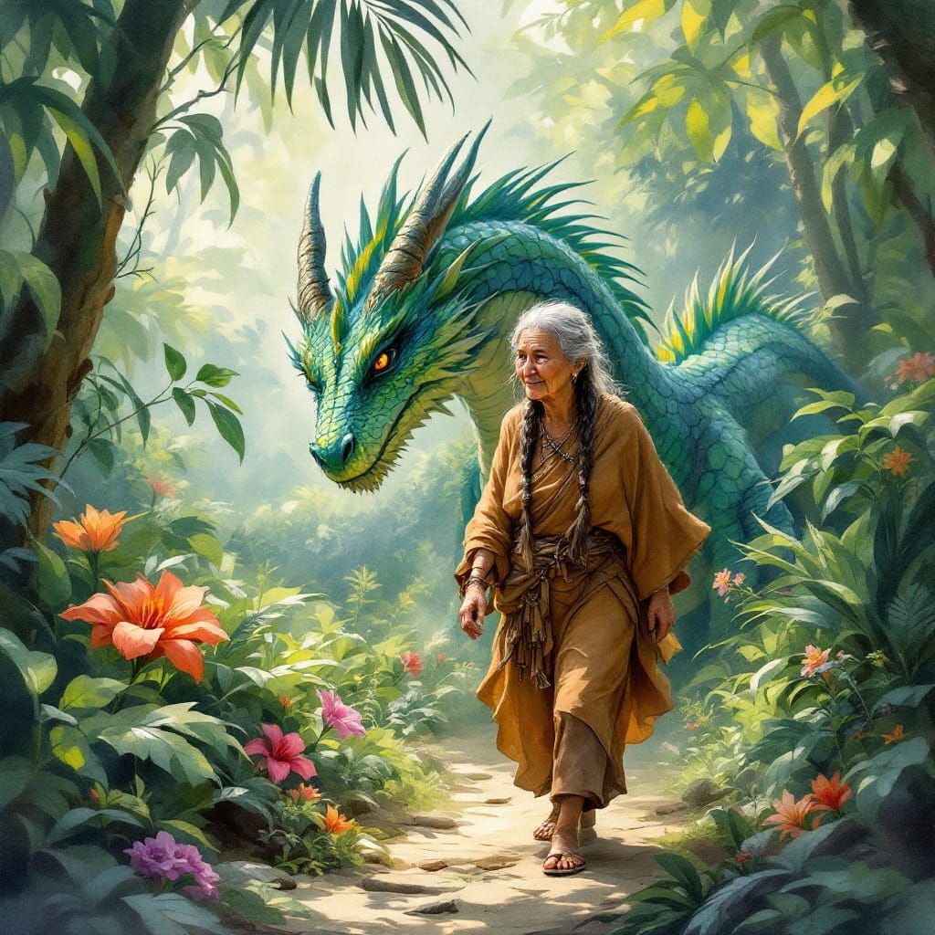 Ethereal Amazonian Goddess Walks with Majestic Green Dragon ...