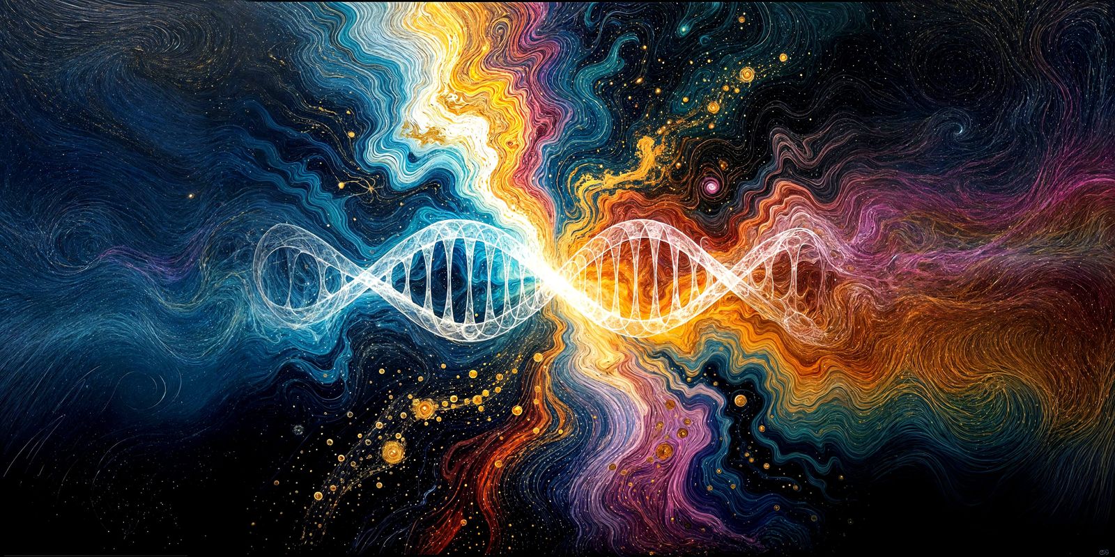 DNA Light Beam on Swirling Colors in Abstract Style