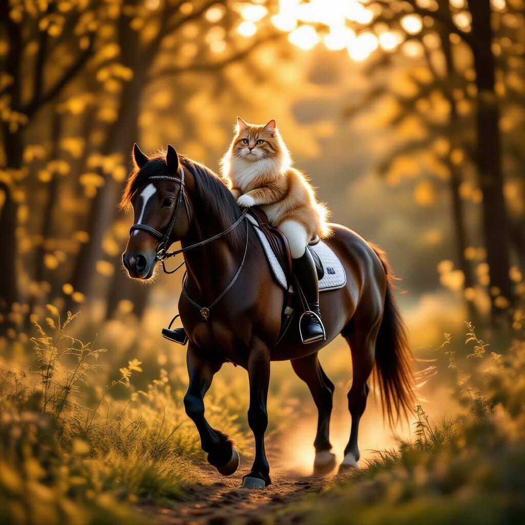 Ginger Cat Rides Majestic Horse Through Sunlit Forest