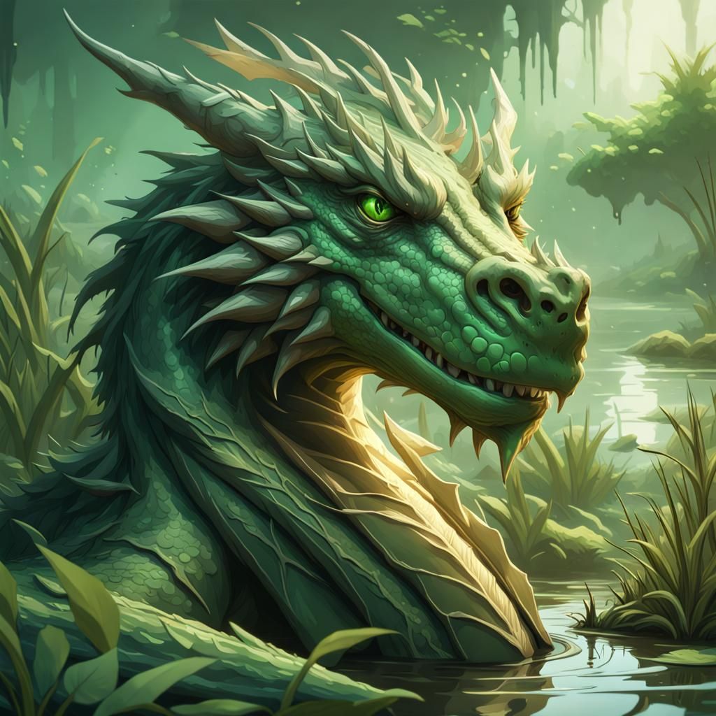 Green Acid Dragon in Swamp: Detailed Concept Art