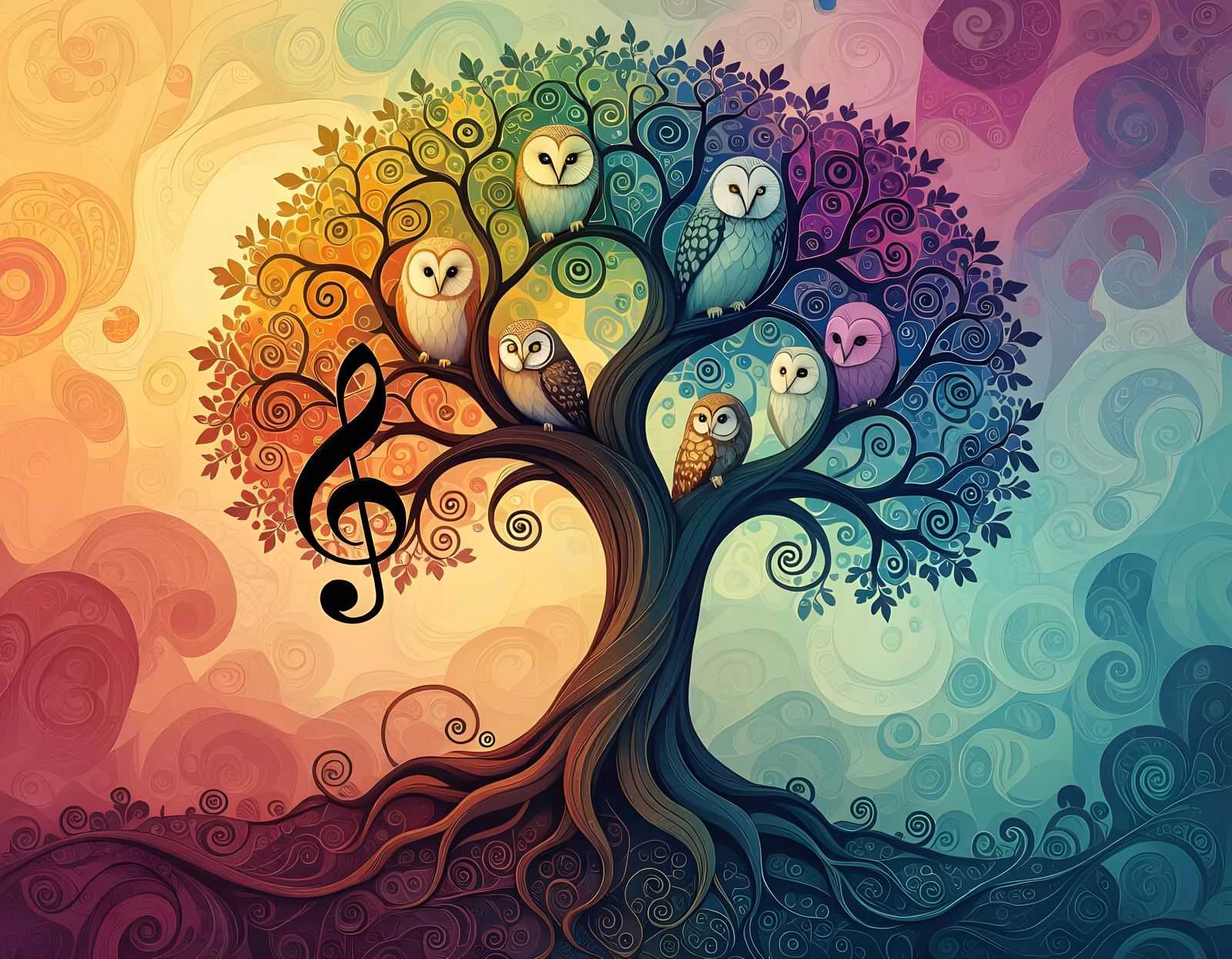 Surreal Music Tree with Owls and Fractal Flame