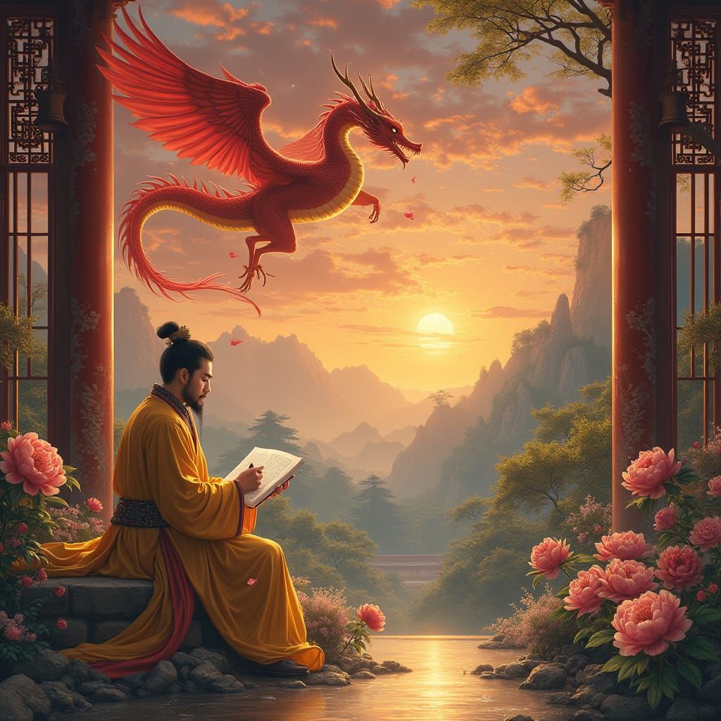 Emperor Writes Poem Under Dragon & Phoenix in Garden