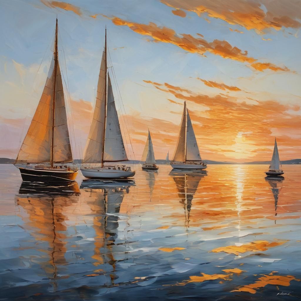 Classic Maritime Oil Painting of Modern Sailboats at Sunset