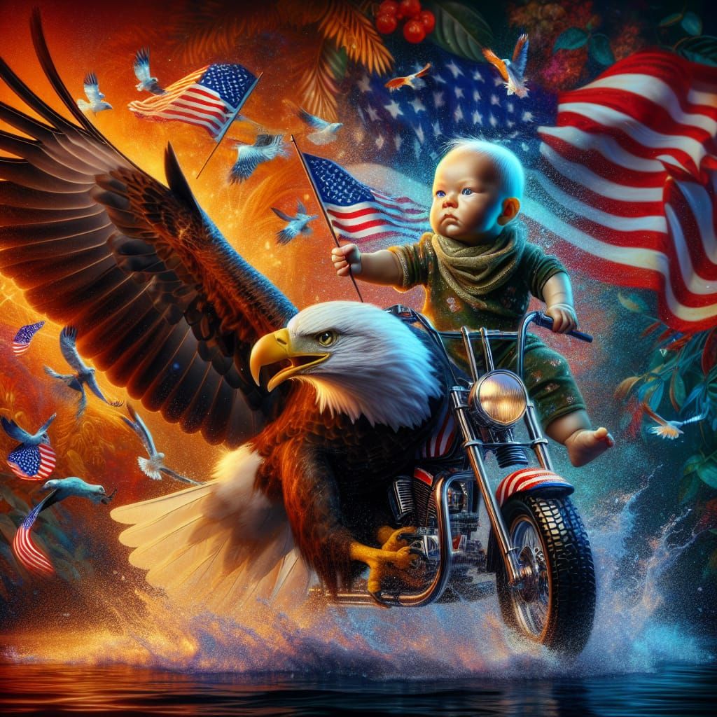 Baby Rides Eagle Motorcycle in Hyperrealistic Splash Art