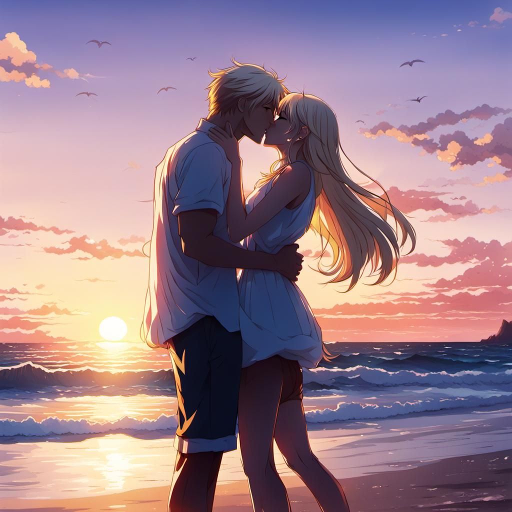 Girl and Boyfriend Kissing on Beach in Anime Style