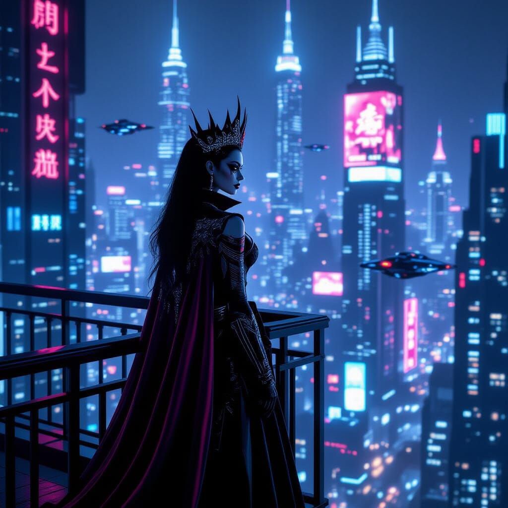 Cyberpunk Vampire Queen Overlooks Neon City