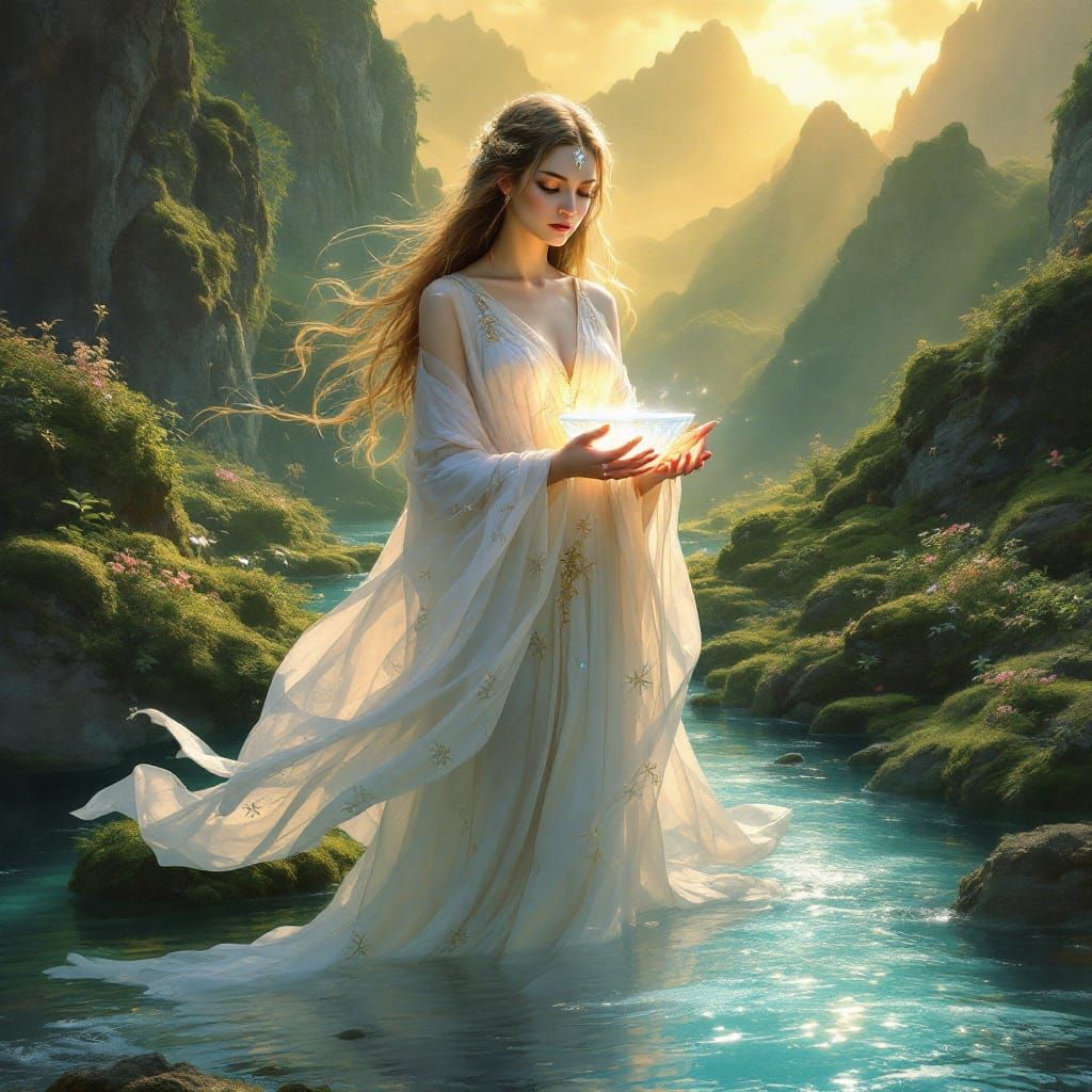 Priestess of Balance in Dreamlike Landscape