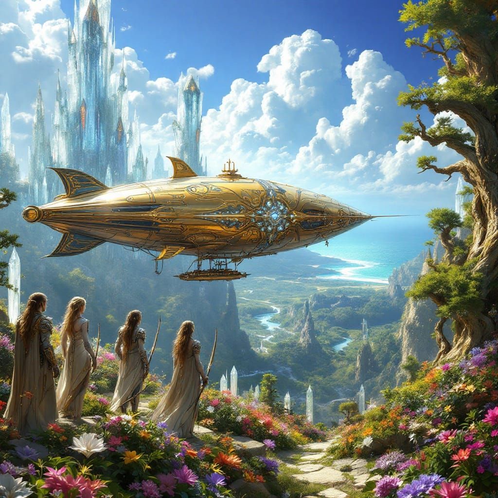 Majestic Airship soars over Vibrant Fey-Wild in Golden Light