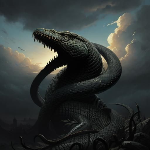 Horrific Snake Silhouette in Clouds, Engraving Style