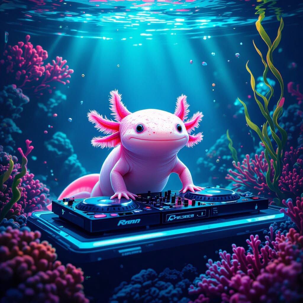 Axolotl DJing Underwater in Neon Cyberpunk Scene