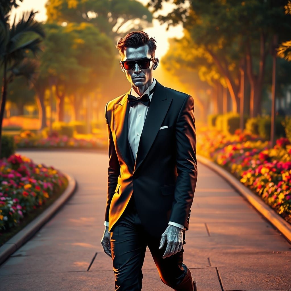 Silver Skinned Man Strolls Through Grand Park in Hyper-Reali...