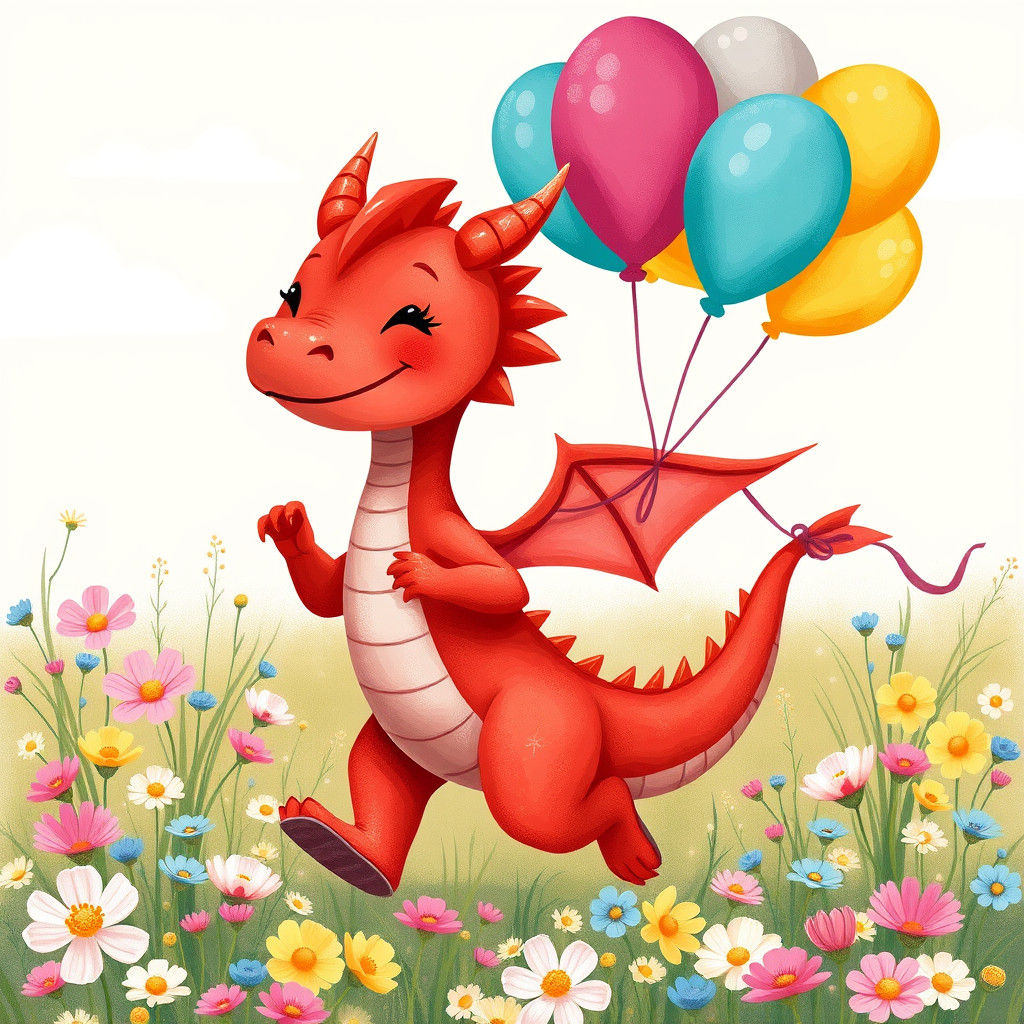 Joyful Red Dragon in Flower Field with Balloons