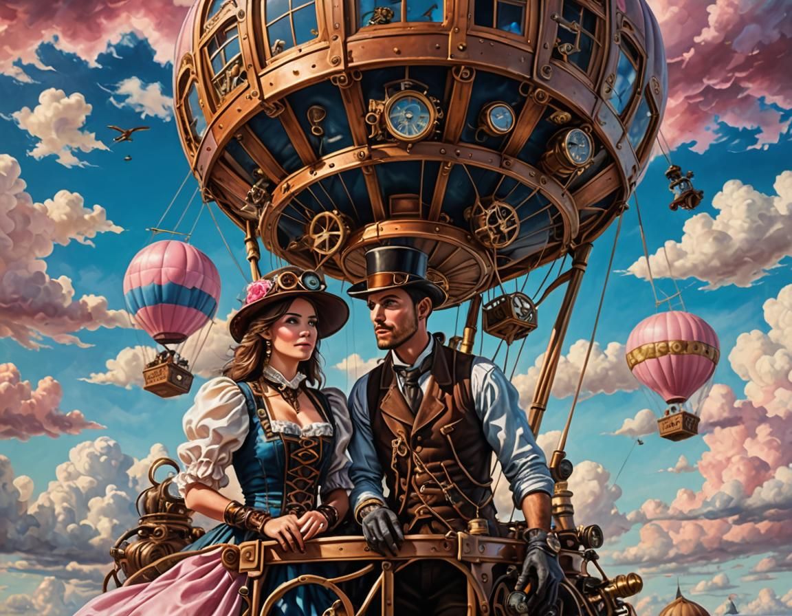 Steampunk Couple Soaring in Hot Air Balloon, Oil Painting