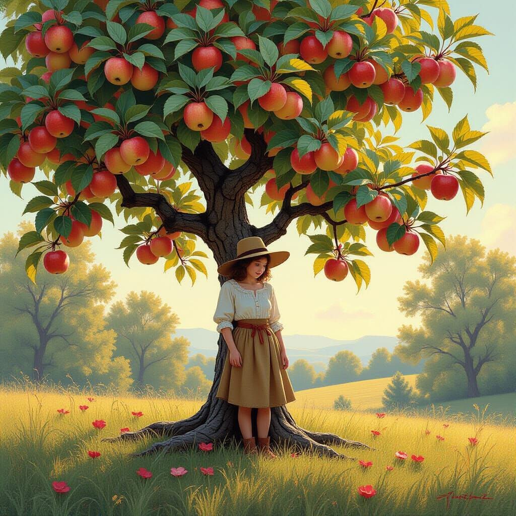 Ancient Apple Tree in Sun-Dappled Clearing with Glowing Frui...