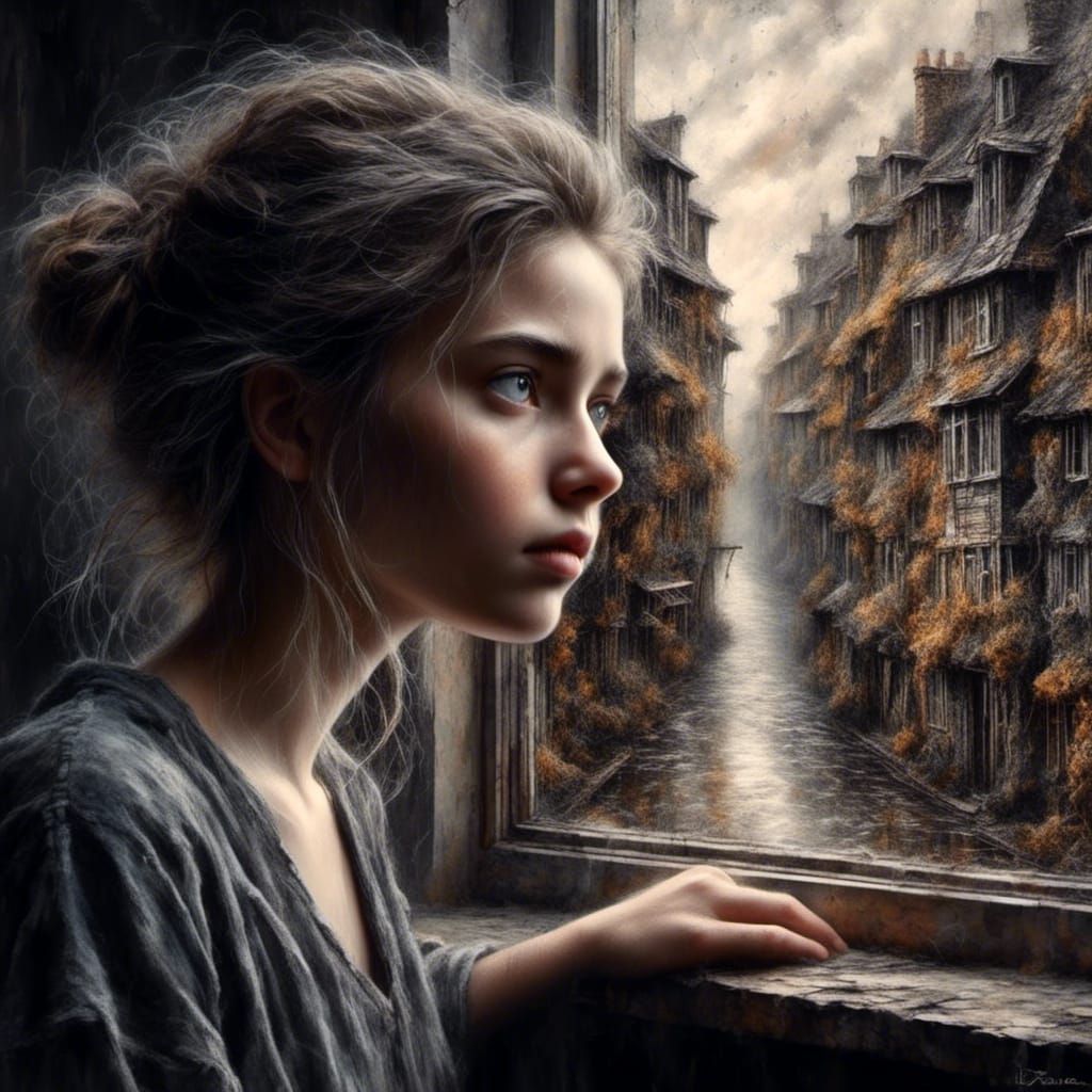 Pastel Drawing of Woman Gazing Out Window