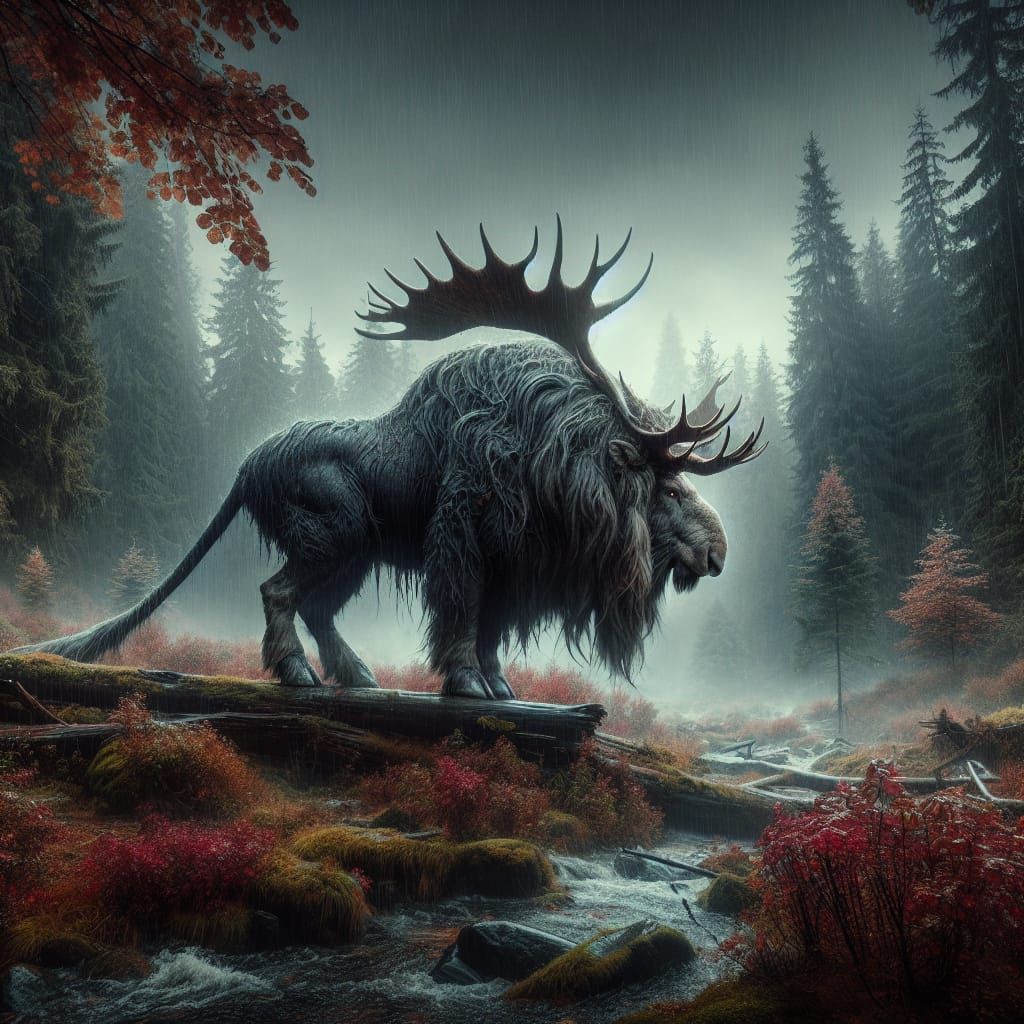 Majestic Moose-Buffalo-Deer Fusion in Rainy Forest