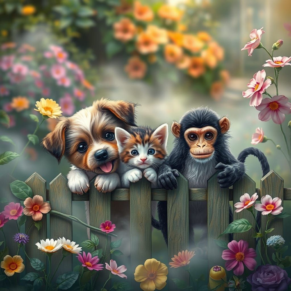 A whimsical realistic cute image featuring a playful puppy, an adorable kitten, a cheeky monkey behind a colorful fence ...