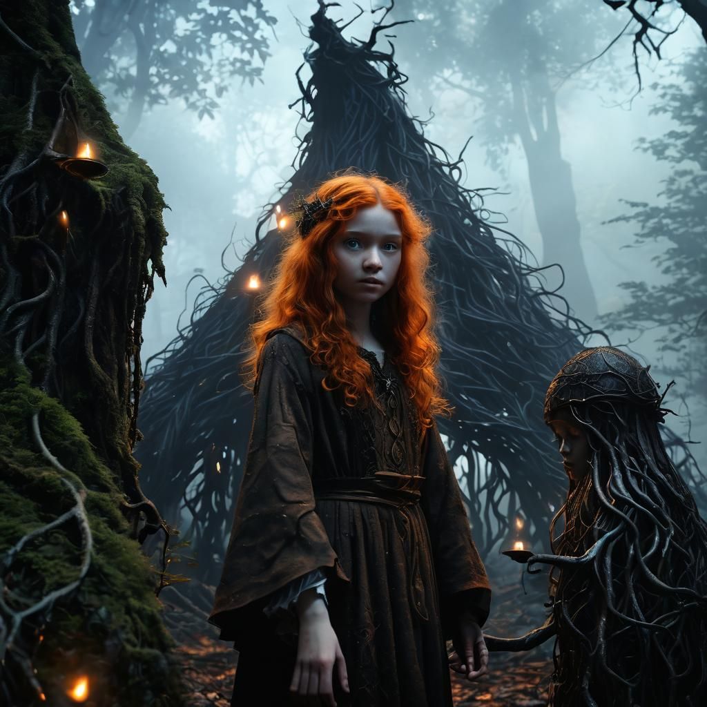 Mystical Forest: Witch and Apprentice in Dark Fantasy Style