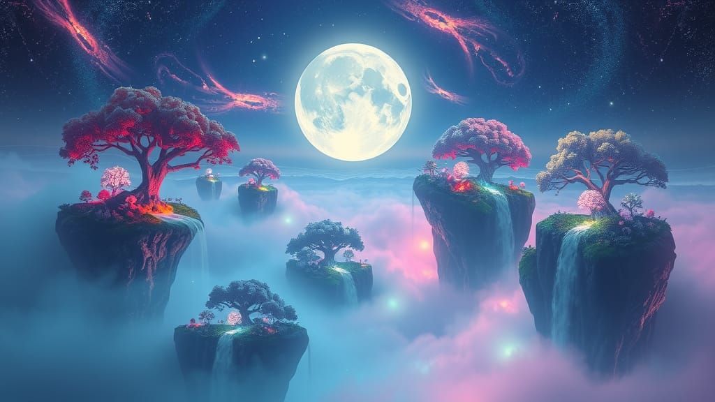 Iridescent Floating Islands Dreamscape: Digital Art