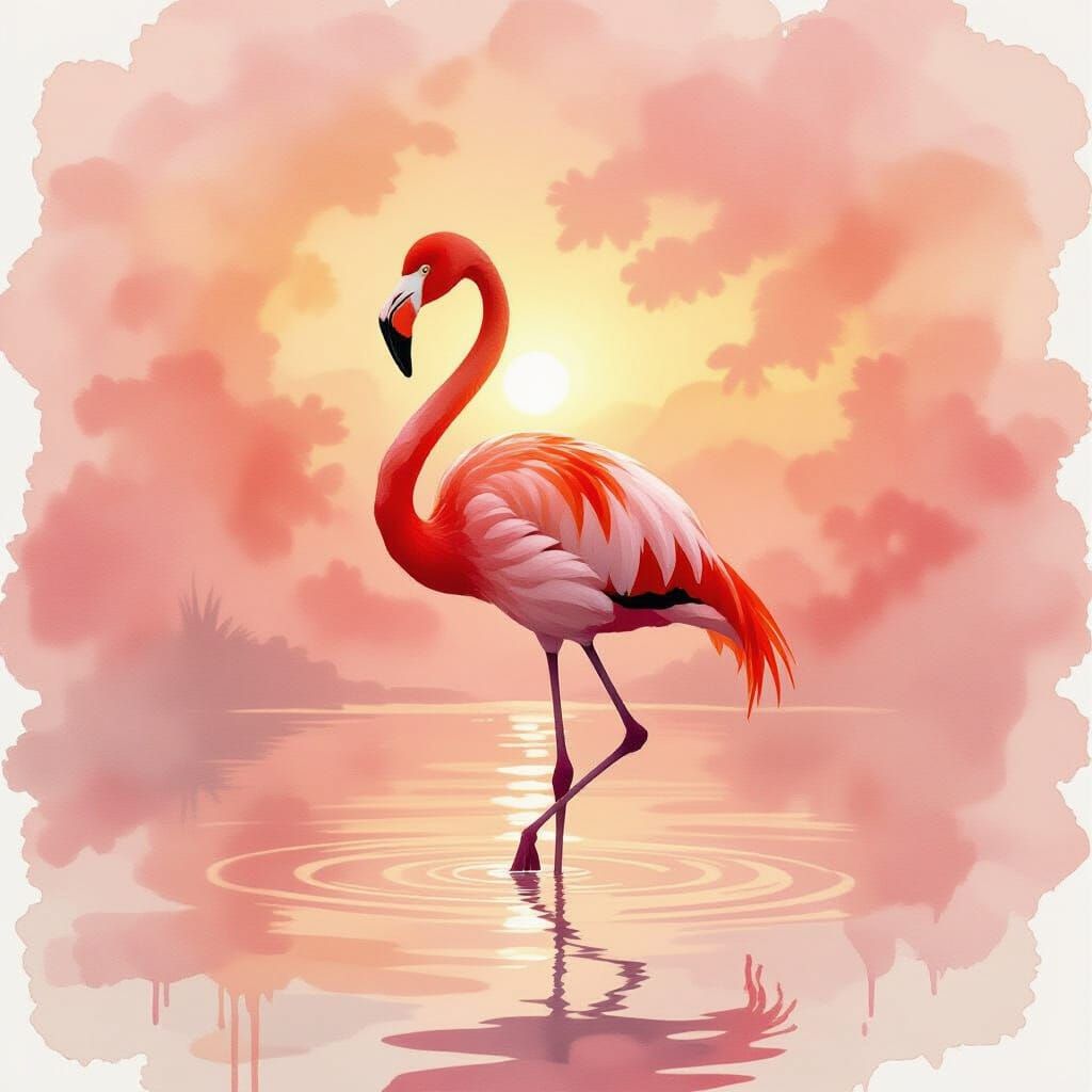 Flamingo in Watercolors with Dreamlike Glow