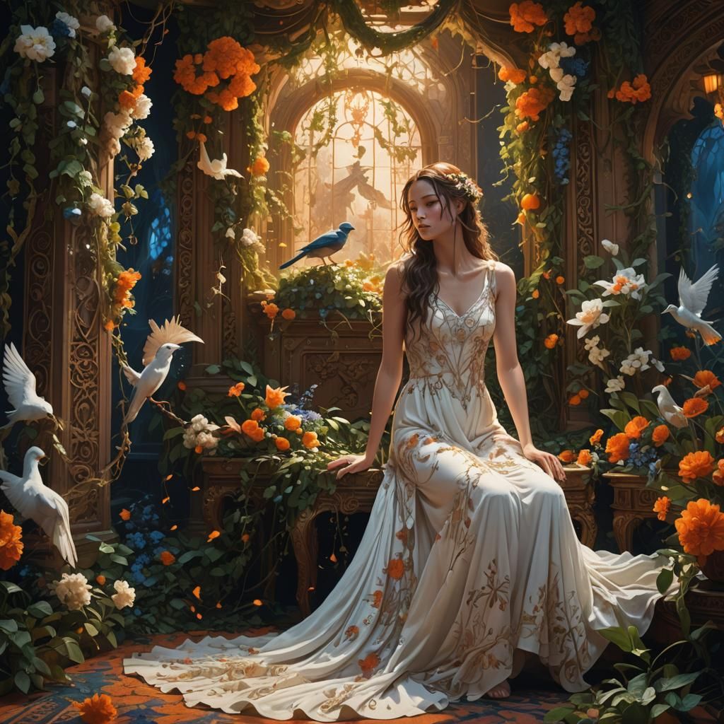 Girl and Bird in Mystical Art Nouveau Scene