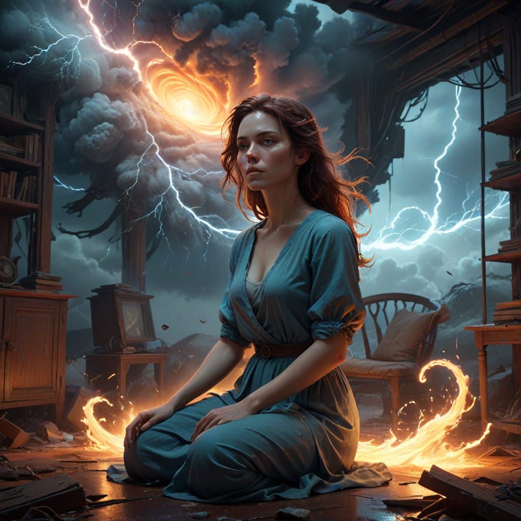 Woman Anchors the Eye of the Cyclone in Whimsical Storm