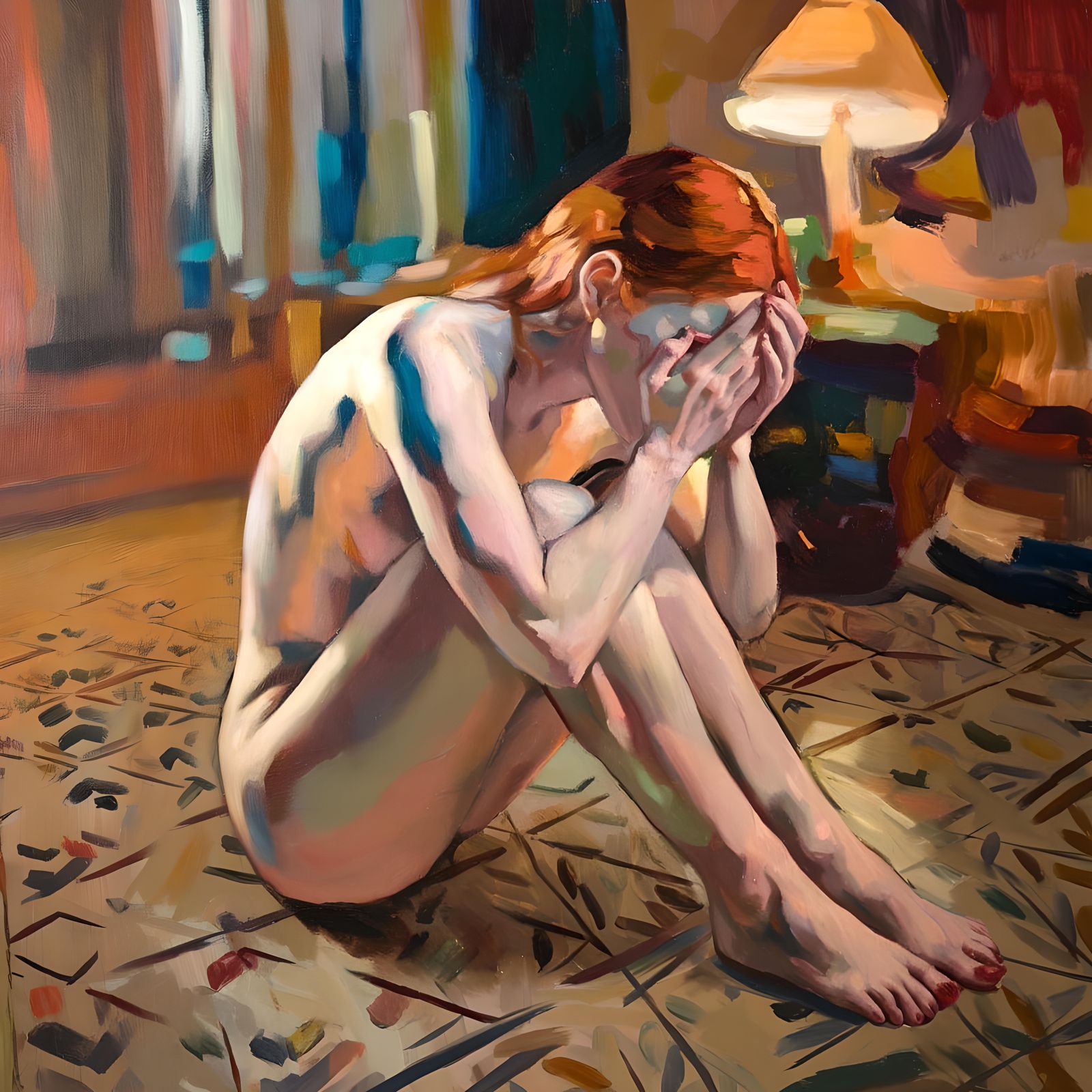 Vulnerable Woman Crying in Warm-Toned Painting