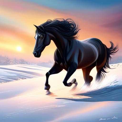 Black Horse in Snow: Hyperrealistic Splash Art