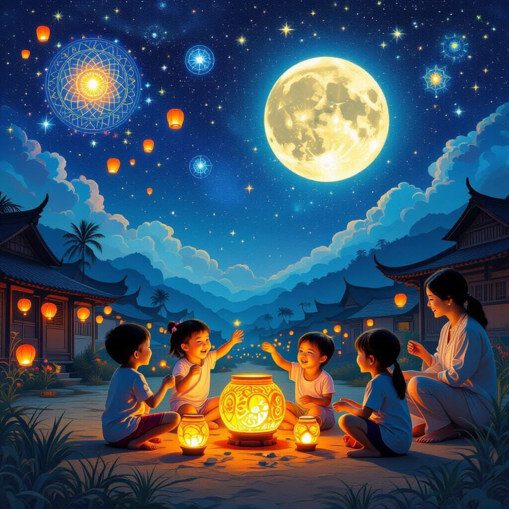 Mooncake Festival Celebration in Kampong Setting with Lanter...