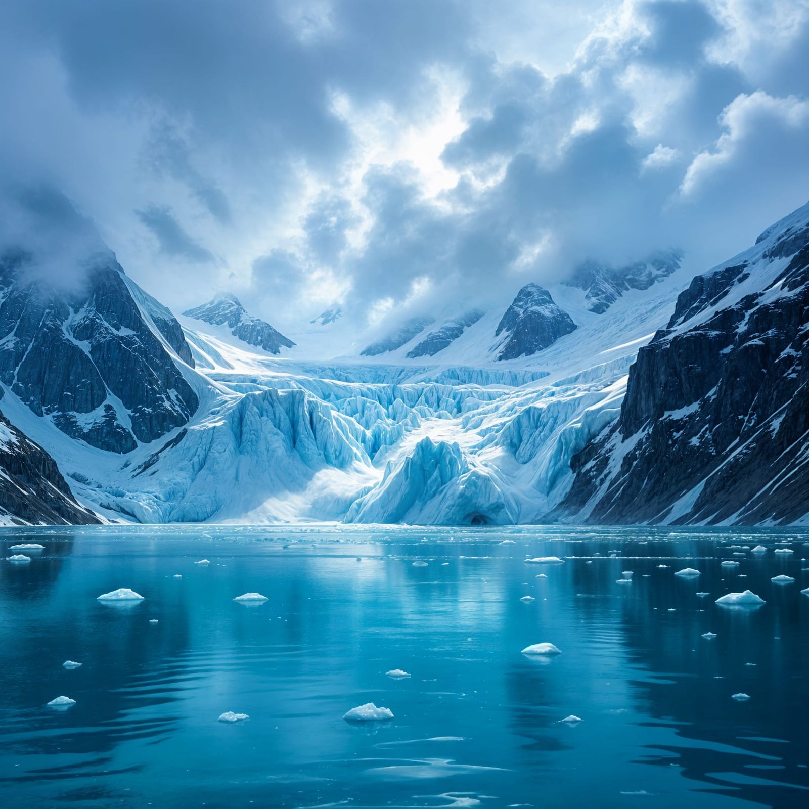 Glacier Lake with Breaking Ice and Moody Sky