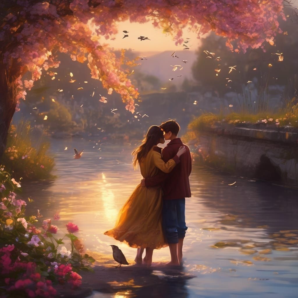 Romantic Riverbank Embrace in Vibrant Oil Painting
