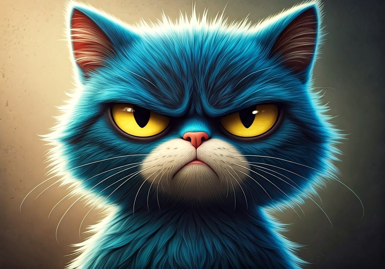 Vivid Blue Cartoon Cat Portrait with Textured Brush Strokes