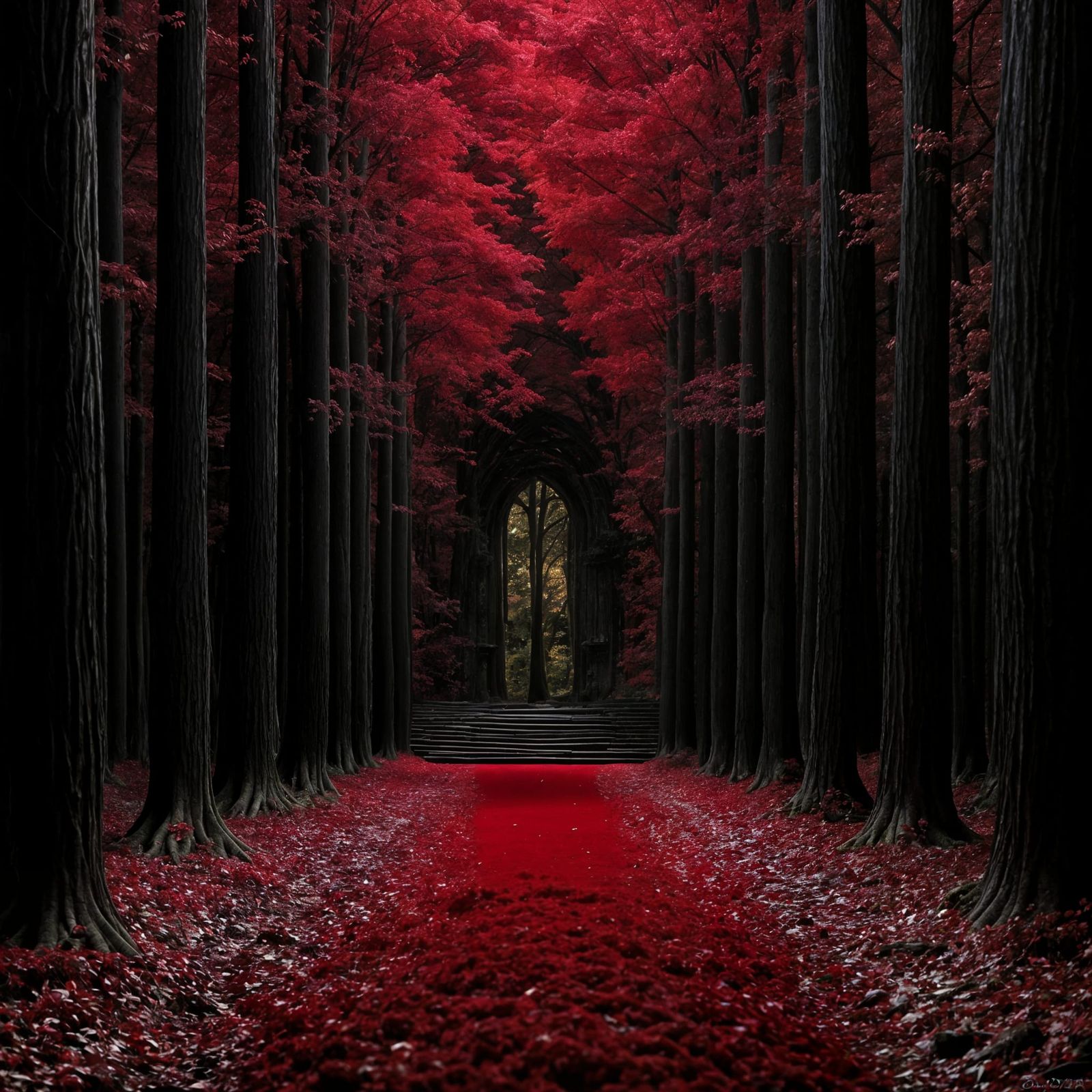 Crimson Forest Path with Ornate Door