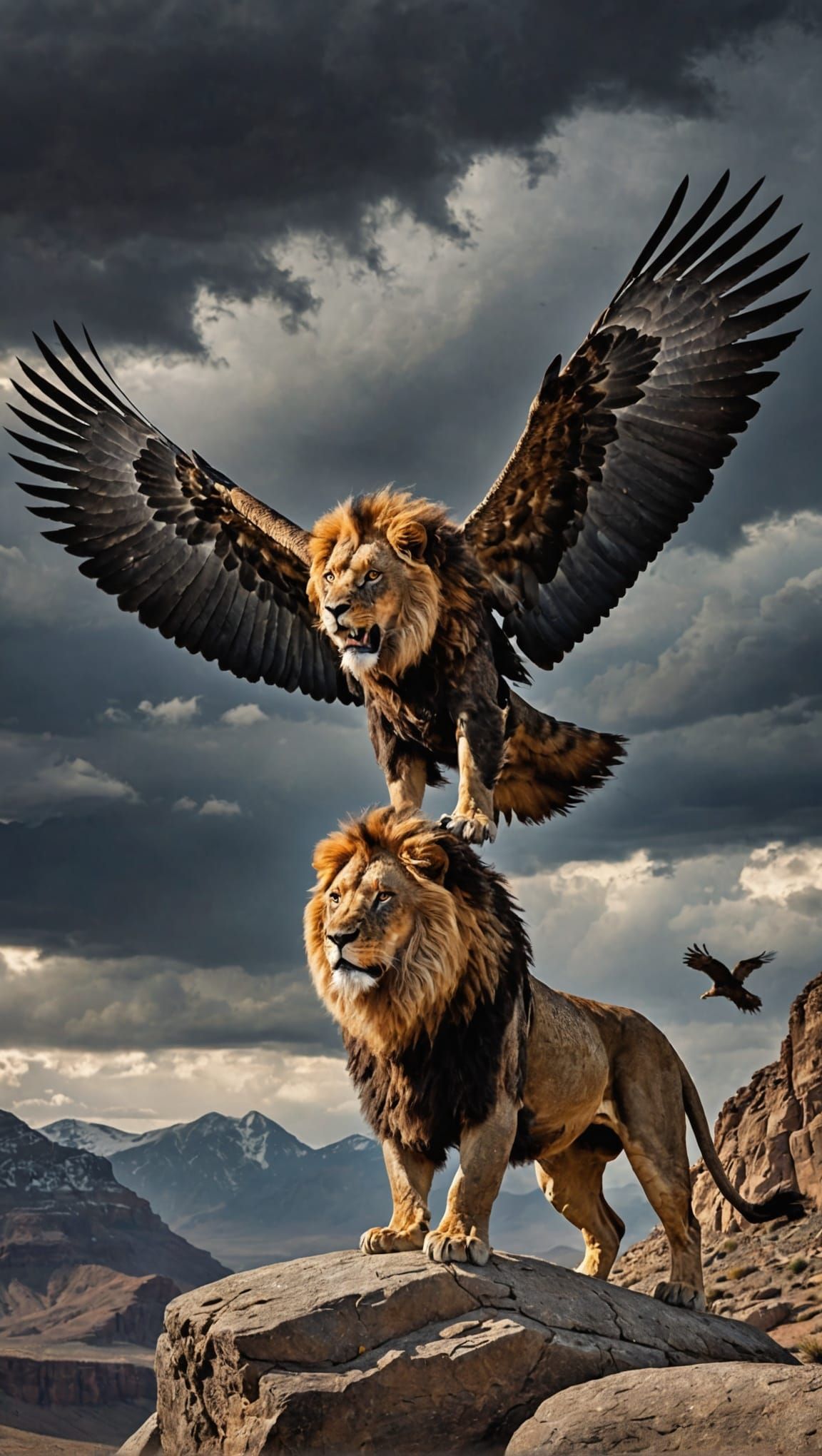 Lion and Eagle Standoff in Stormy Landscape