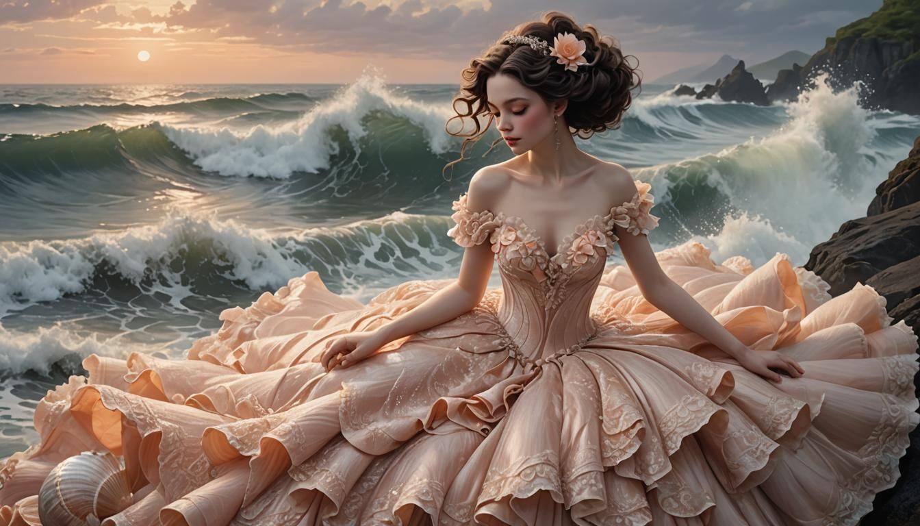 Siren in Peach Gown on Seashell, Digital Art